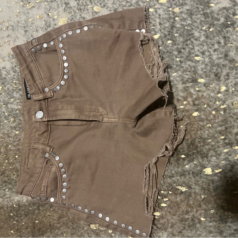 Blank NYC Brown Jean Shorts with Studded Details